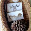 Boîte d'allumettes illustrée avec une famille d'hérissons et une autre avec un élan, style nature et poétique par Charlotte Nicolin