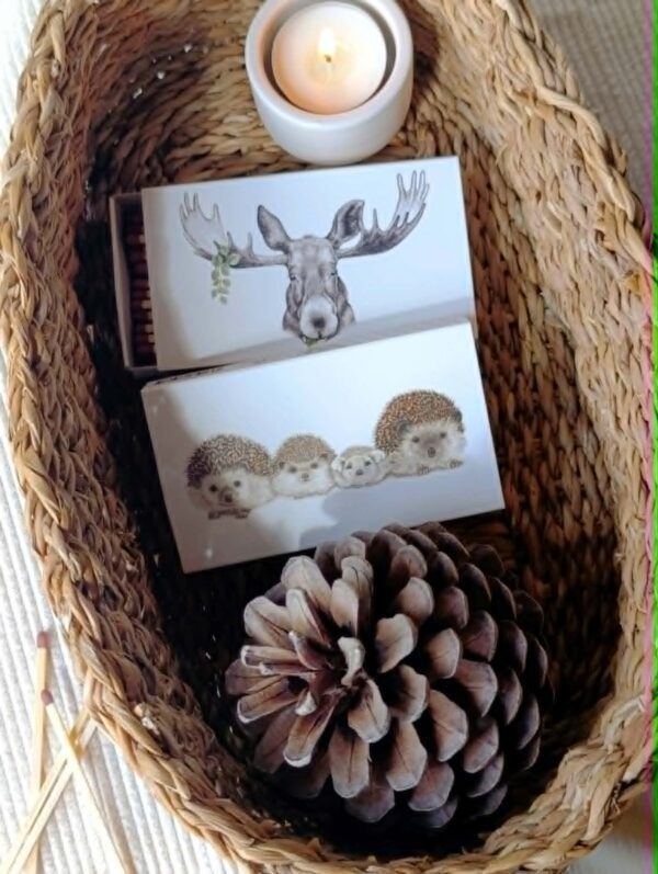 Boîte d'allumettes illustrée avec une famille d'hérissons et une autre avec un élan, style nature et poétique par Charlotte Nicolin