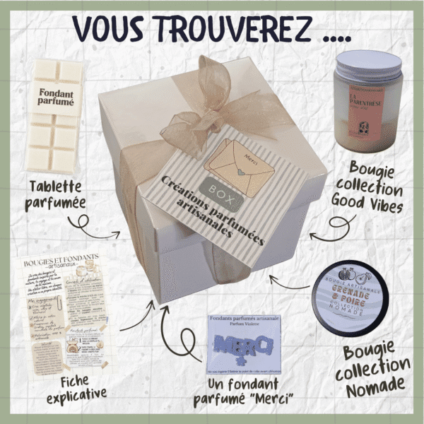 Boîte cadeau blanche contenant: une bougie de la collection Good Vibe, une bougie de la collection Nomade, un tablette parfumé, un fiche explicative et un fondant offert avec l'inscription Merci