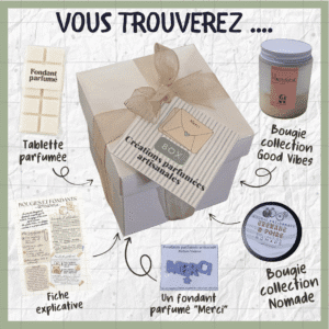 Boîte cadeau blanche contenant: 5 fondants parfumés artisanaux aux choix, une mini fiche explicative et un fondant offert avec l'inscription Merci