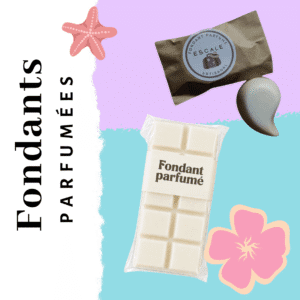 Fondants parfumés été sont des parfums estivaux comme par exemple au Monoï, à la violette ou encore à la pêche. Tous les parfums viennent de Grasse et j'utilise également de la cire végétale de tournesol.