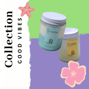 La Collection Good Vibes été sont des bougies bi couleurs aux parfum de Grasse Monoï ou encore Citronnelle