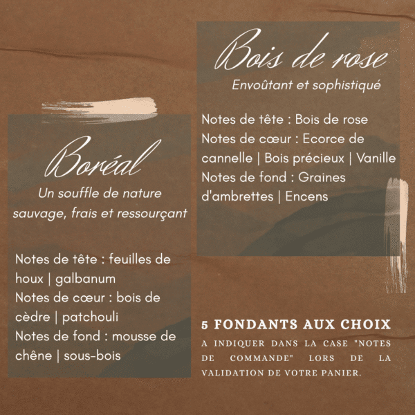 Choix de parfums de Grasse pour fondants parfumés : Bois de Rose ( envoûtante et sophistiquée) ou Boréal (Un souffle de nature sauvage, frais et ressourçant).