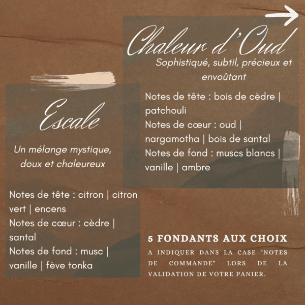 Choix de parfums de Grasse pour fondants parfumés : Escale (Un mélange mystique, doux et chaleureux) ou Chaleur d'Oud (Précieux, Envoûtant)