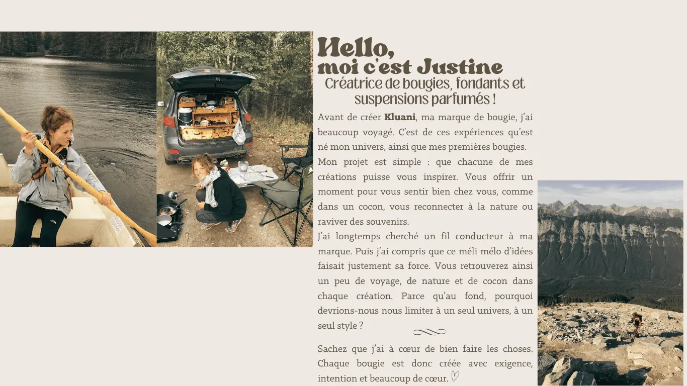 Moi, Justine, créatrice de Kluani créer des bougies artisanales, des fondantes et des suspensions parfumées inspirée des voyages, de la nature, des moments du quotidien et de tous les instants cocooning