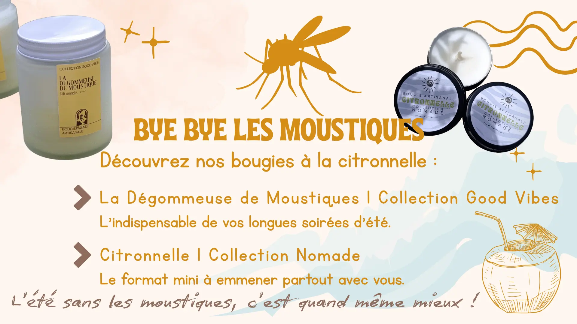 Bougies contre les moustique à la citronnelle. Bougie artisanale Kluani, parfum de Grasse et cire végétale de soja